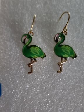 Hand Crafted Green Flamingo Dangle Earrings